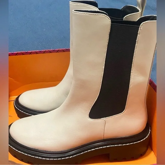 Tory Burch Benton Slip on Moto Cream and Black Ankle Boots - Picture 6 of 13